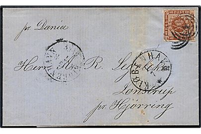 4 sk. 1858 udg. på brev annulleret med nr.stempel 1 og sidestemplet Kjøbenhavn d. 15.7.1861 og 16.7.1861 til Lønstrup pr. Hjørring. Påskrevet: pr. Dania som var en hjuldamper som besejlede ruten Kjøbenhavn-Aalborg.