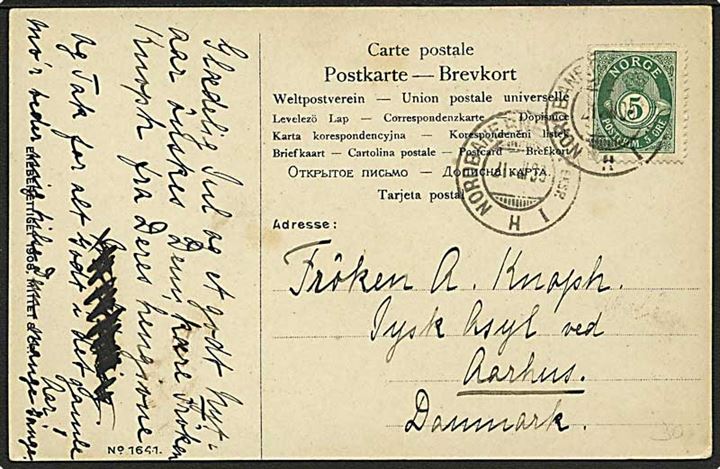 5 øre Posthorn på brevkort fra Nordbanernes P.Eksp.I H d. 21.12.1899 til Aarhus, Danmark.