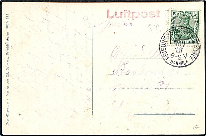 Tyskland. Friedrichshafen med Tog, Fly & Luftskib. Ed. Schwarz no. 3085/1913.