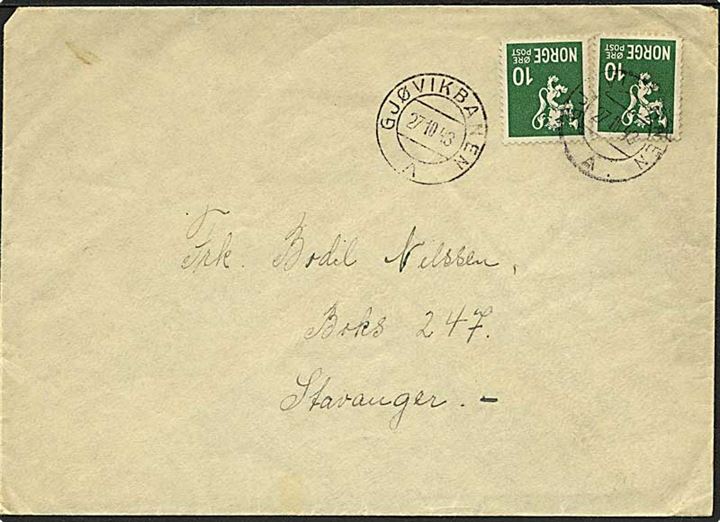 10 øre Løve (2) på brev fra Nygård St. annulleret med bureaustempel Gjørvikbanen A d. 27.10.1943 til Stavanger.