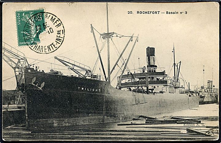 Frankrig, Rocheford. Havneparti med britisk dampskip Twilight, J. Wood & Co. , West Hartlepool. No. 20.
