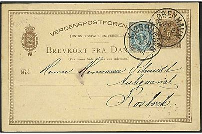 6 øre helsagsbrevkort opfrankeret med 4 øre Tofarvet fra Kjøbenhavn d. 30.6.1884 til Rostock, Tyskland.