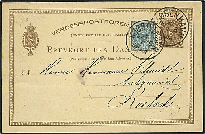 6 øre helsagsbrevkort opfrankeret med 4 øre Tofarvet fra Kjøbenhavn d. 30.6.1884 til Rostock, Tyskland.