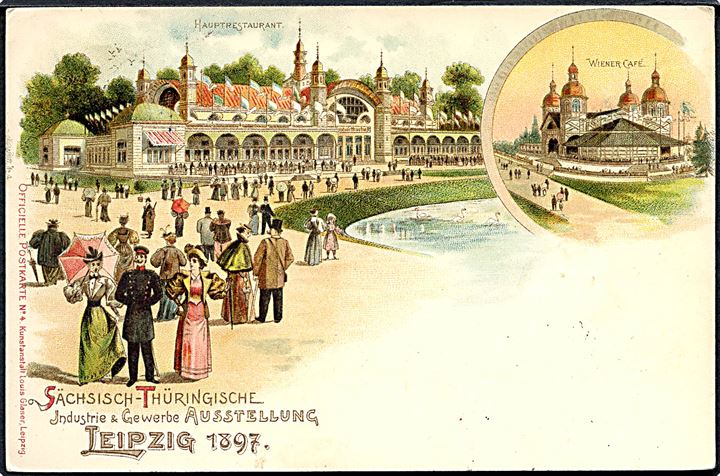 Leipzig, Sächsisch-Thüringische Industri & Gewerbe Ausstellung. Frankeret med 5 pfg. Ciffer annulleret med særstempel Leipzig Austellungsplatz d. 21.6.1897 til Berlin.