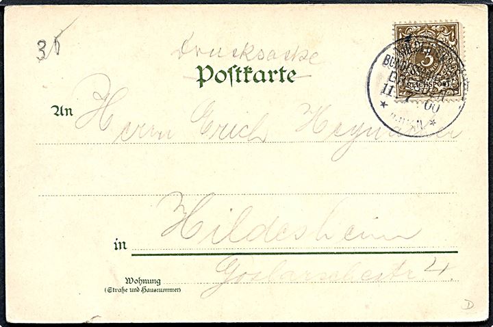 Tyskland. Gruss vom 13. Deutschen Bundesschiessen, Dresden 1900. Frankeret med 3 pfg. Ciffer annulleret med særstempel d. 11.7.1900.