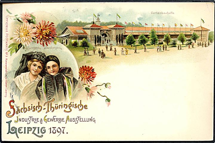 Leipzig, Sächsisch-Thüringische Industri & Gewerbe Ausstellung. Frankeret med 5 pfg. Ciffer annulleret med særstempel Leipzig Austellungsplatz d. 21.6.1897 til Berlin.