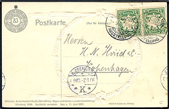 Bayern. Forst Gebäude, Bayer. Jubiläums-Landes-Ausstellung Nürnberg 1906. Frankeret med 5 pfg. Våben annulleret med særstempel til Danmark.