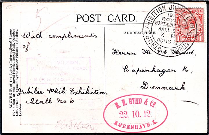 England. International Stamp Exhibition 1912. Frankeret med 1d George V annulleret med særstempel til Danmark.