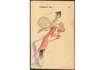 Tennis spiller. Tegnet krigsfangekort fra den tyske lejr Doeberitz under 1. verdenskrig. Ubrugt.