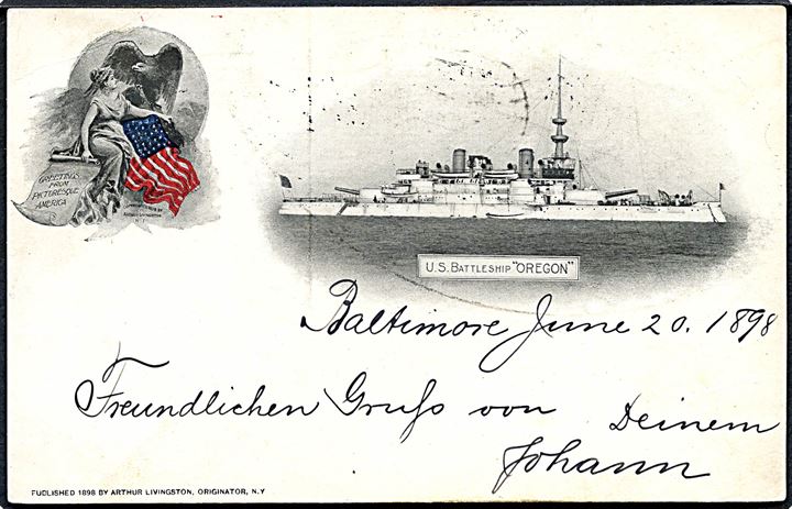 Oregon, USS, battleship. Frankeret med 5 cents og sendt fra Baltimore d. 20.6.1898 til Bremerhaven, Tyskland.