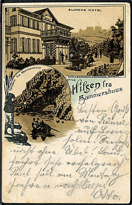 Hilsen fra Hammershus. Blanchs Hotel. U/no. Frankeret med 5 øre Våben (2) annulleret med lapidar Rønne d. 26.7.1896 til Plathe, Tyskland. Lith. F. Baerwolff