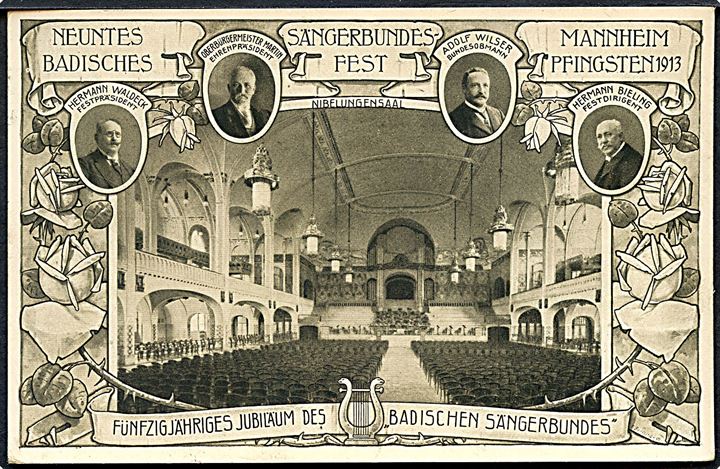 Badischen Sängerbund 50 år. 5 pfg. Germania illustreret helsagsbrevkort stemplet Mannheim d. 13.5.1913 til København.