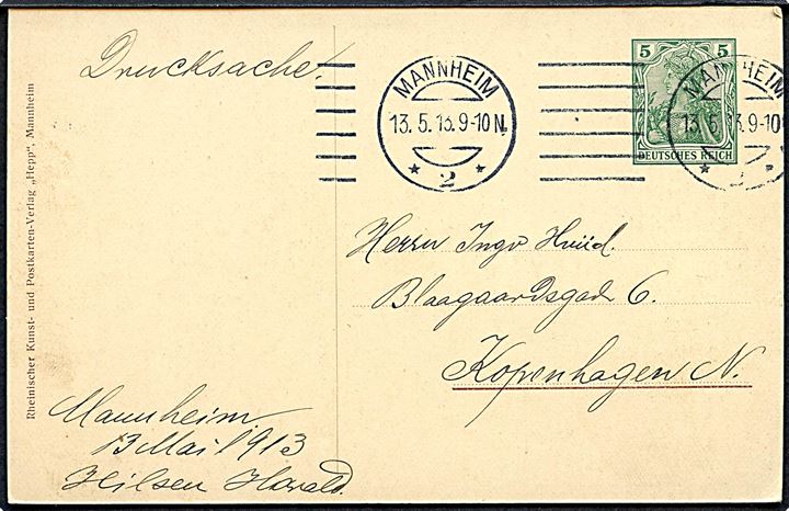Badischen Sängerbund 50 år. 5 pfg. Germania illustreret helsagsbrevkort stemplet Mannheim d. 13.5.1913 til København.