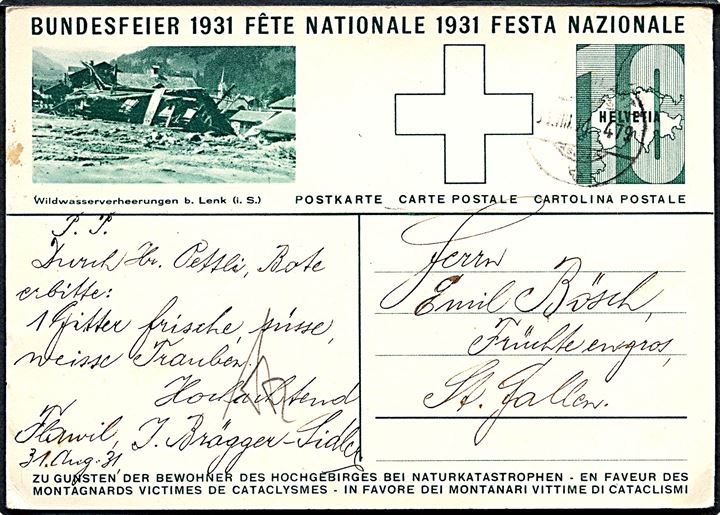 Schweiz. Bundesfeier 1930. 10 c. illustreret helsagsbrevkort med gedehyrde. 