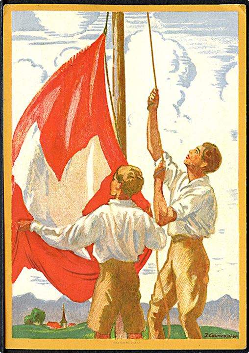 Schweiz Bundesfeier 1929. 10 c. illustreret helsagsbrevkort med flaghejsning.