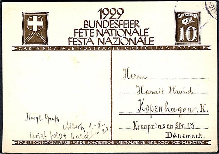 Schweiz Bundesfeier 1929. 10 c. illustreret helsagsbrevkort med flaghejsning.