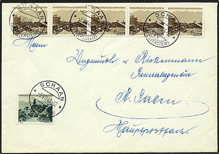 3 rp. (5) og 5 rp. på brev fra Schaan d. 5.8.1948 til St. Gallen, Schweiz.