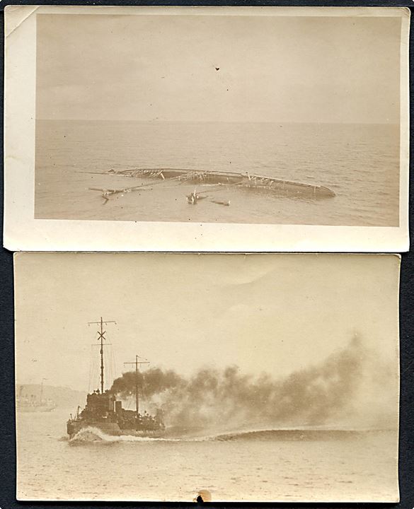 Sammenstilling af fotografier med skibsfart. Orlogsskib ved høj fart og skibsvrag i Middelhavet.