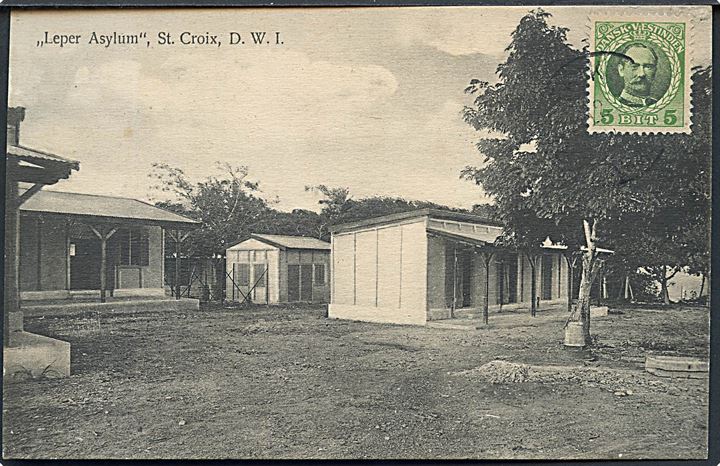 D.V.I., St. Croix, Leper Asylum. R. D. Benjamin u/no. Frankeret med 5 bit Fr. VIII på billedsiden sendt som tryksag fra Frederikssted d. 12.7.1911 til Frankrig.