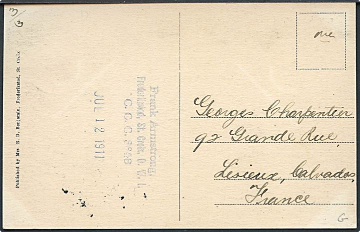 D.V.I., St. Croix, Leper Asylum. R. D. Benjamin u/no. Frankeret med 5 bit Fr. VIII på billedsiden sendt som tryksag fra Frederikssted d. 12.7.1911 til Frankrig.