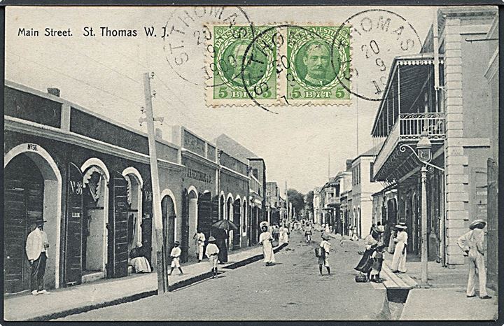 D.V.I., St. Thomas, Main Street. E. Fraas u/no. Frankeret med 5 bit Fr. VIII i parstykke stemplet St. Thomas d. 20.9.1909. Uadresseret.