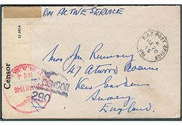 Ufrankeret OAS feltpostbrev stemplet R.A.F. Post Office 001 d. 20.1.1945 til Kew Garden, England. RAF Censor 290 og åbnet af RAF Base censor no. 4.