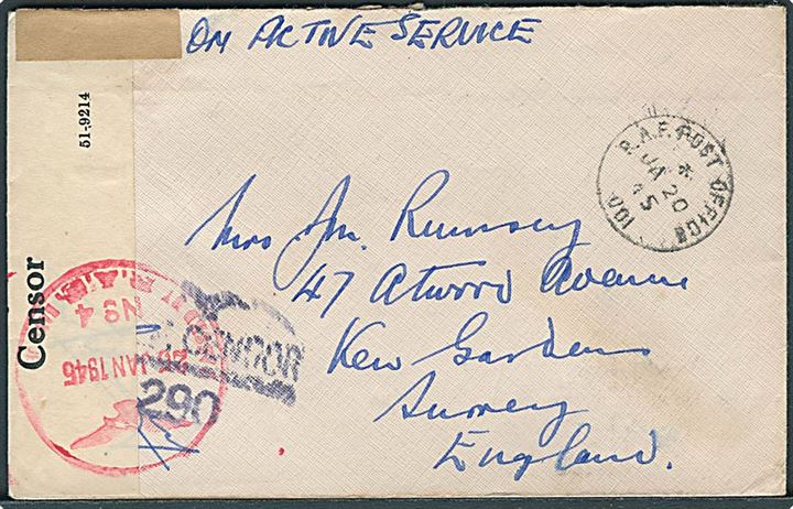 Ufrankeret OAS feltpostbrev stemplet R.A.F. Post Office 001 d. 20.1.1945 til Kew Garden, England. RAF Censor 290 og åbnet af RAF Base censor no. 4.