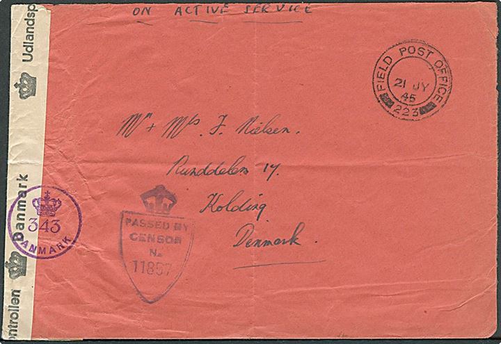 Ufrankeret britisk OAS feltpostbrev stemplet Field Post Office 223 (= Braunschweig, Tyskland) d. 21.7.1945 til Kolding, Danmark. Britisk unit censur 11857 og åbnet af dansk efterkrigscensur (krone)/343/Danmark.