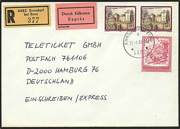 49 Sh. blandingsfrankeret anbefalet ekspresbrev fra Ennsdorf bei Enns d. 21.4.1992 til Hamburg, Tyskland.