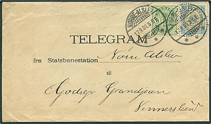 3 øre Tofarvet og 5 øre Våben på Telegramkuvert fra Nørre-Alslev d. 17.9.1901 til Vennerslund. På bagsiden jernbanestempel Nørre-Alslev * D.S.B. * d. 17.9.1901. Indeholder Statsbanedriften telegramformular Nr. A 103.