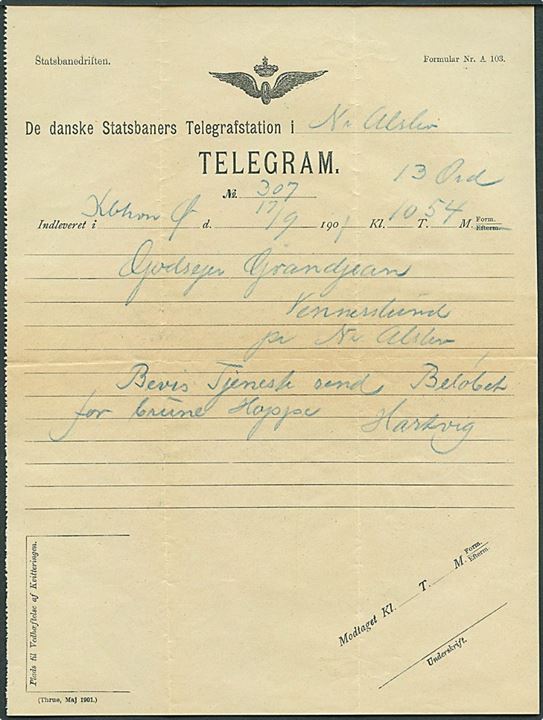 3 øre Tofarvet og 5 øre Våben på Telegramkuvert fra Nørre-Alslev d. 17.9.1901 til Vennerslund. På bagsiden jernbanestempel Nørre-Alslev * D.S.B. * d. 17.9.1901. Indeholder Statsbanedriften telegramformular Nr. A 103.
