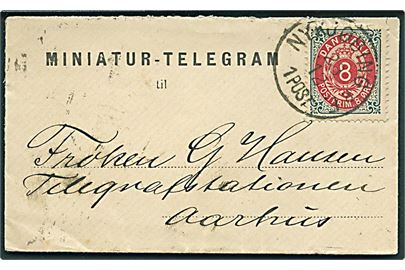 8 øre Tofarvet på lille fortrykt “Miniature-Telegram” kuvert annulleret med lapidar Nykjøbing p. F. d. 23.12. ca. 1890 til Telegrafstationen i Aarhus. Dekorativ.