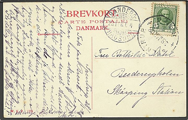 5 øre Fr. VIII på brevkort annulleret med sjældent privat jernbanestempel SPENTRUP R.H.J. d. 28.1.1908 og sidestemplet Randers - Hadsund T.4 d. 28.1.1908 til Skørping St.