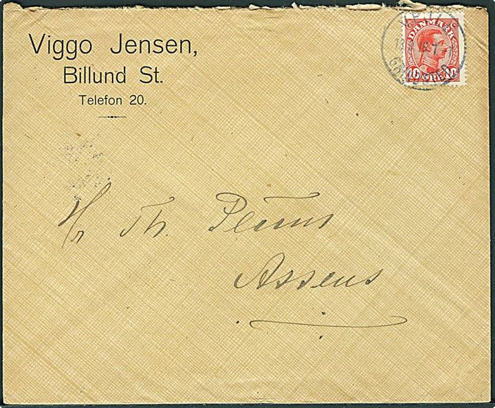 10 øre Chr. X på brev fra Billund St. annulleret med bureaustempel Vejle - Grindsted T. 7 d. 18.9.1918 til Assens. 