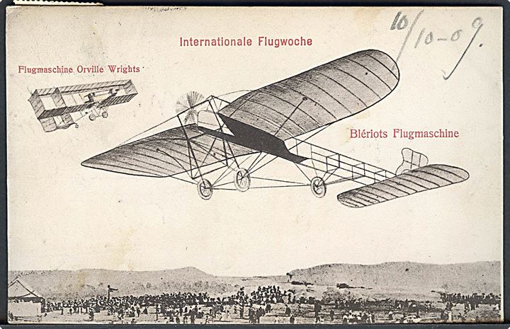 Internationale Flugwoche. Flugmaschine Orville Wrights. Blériots Flugmaschine. U/no. 