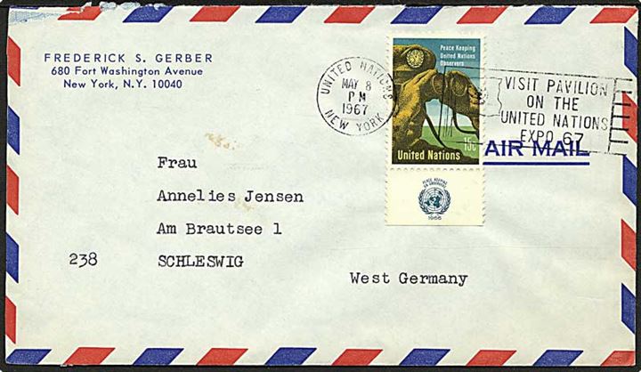 15 c. Fredsbevarende soldat single på luftpostbrev stemplet United Nations New York d. 8.5.1967 til Schleswig, Tyskland.