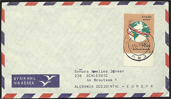 4,60 s. Fotoudstilling single på luftpostbrev fra Peru d. 27.4.1967 til Schleswig, Tyskland.