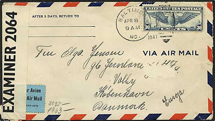 30 cents Winged Globe på luftpostbrev fra Baltimore d. 8.4.1941 til København, Danmark. Åbnet af både britisk og tysk censur. Fra dansk sømand ombord på M/S Calliope.