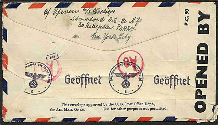 30 cents Winged Globe på luftpostbrev fra Baltimore d. 8.4.1941 til København, Danmark. Åbnet af både britisk og tysk censur. Fra dansk sømand ombord på M/S Calliope.