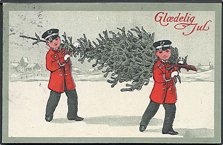 Ukendt Kunstner: Glædelig Jul. Postmænd bærer på et grantræ. Alex Vincents, serie 64 no. 6. Med julemærke. 