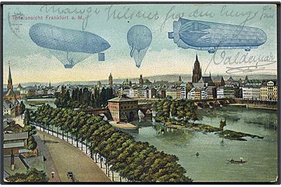 Totalansicht Frankfurt a. M.. Luftballon, Luftskib & Zeppeliner. L. Donnay u/no. 