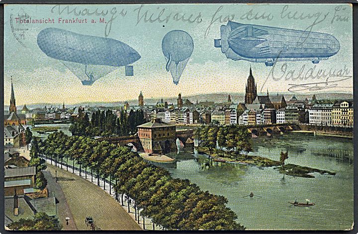 Totalansicht Frankfurt a. M.. Luftballon, Luftskib & Zeppeliner. L. Donnay u/no. 