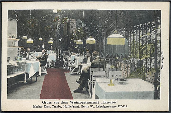 Tyskland. Gruss aus dem Weinrestaurant Traube, Sommergarten. Inhaber Ernst Traube, Berlin W. Ernst Traube, Berlin W. 66. 