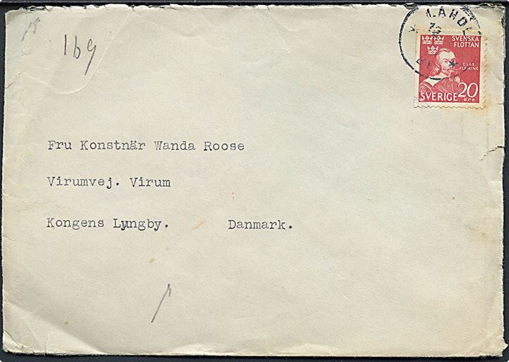 20 öre Svenska Flottan (skadet) på brev fra Laholm ca. 10.4.1945 til Lyngby, Danmark. Åbnet af Sønderborg censur med fortrykt April-banderole Zensurstelle k - geöffnet.