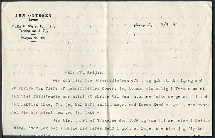 10 øre Chr. X i parstykke på brev fra Hoptrup d. 4.9.1944 til Luftværnskontoret i Assens. Indeholder langt brev fra læge Jon Ottosen som har siddet i fængsel og i Horserødlejren med modtagerens mand.