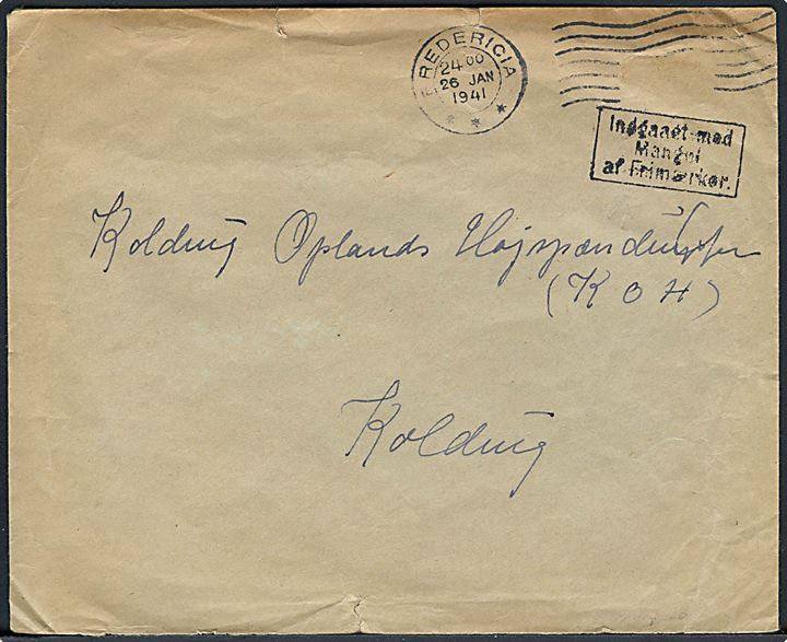 Ufrankeret brev fra Fredericia d. 26.1.1941 til Kolding. Rammestempel: Indgaaet med Mangel af Frimærker..