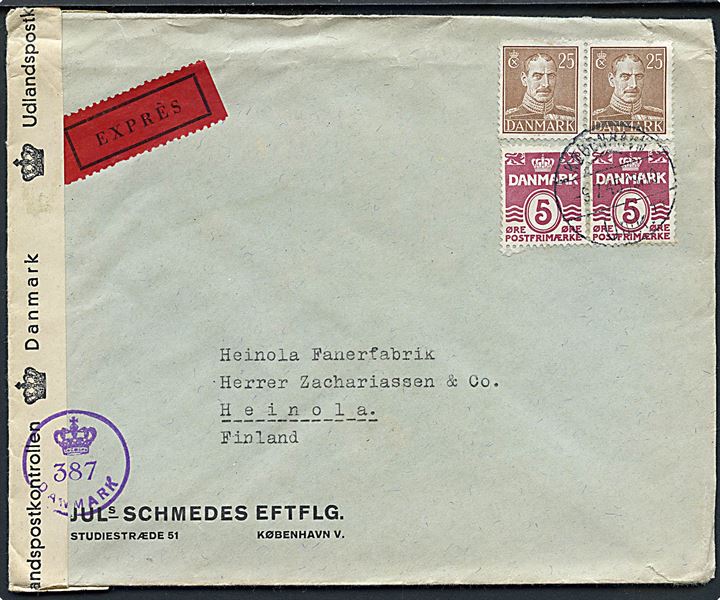 5 øre Bølgelinie (par) og 25 øre Chr. X (par) på ekspresbrev fra København d. 9.7.1945 til Heinola, Finland. Dansk efterkrigscensur (krone)/387/Danmark.