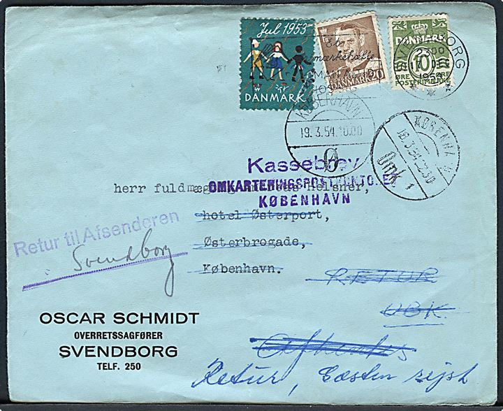 10 øre Bølgelinie, 20 øre Fr. IX og Julemærke 1953 på brev fra Svendborg d. 17.12.1953 til København. Retur som ubekendt med stempel: Kassebrev Omkarteringspostkontoret København.