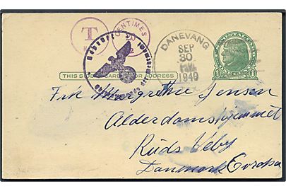 Amerikansk1 cent helsagsbrevkort sendt underfrankeret fra DANEVANG TEX. d. 30.9.1949 til Ruds Vedby, Danmark. Amerikansk portostempel og tysk censur. Porto ikke opkrævet i Danmark.