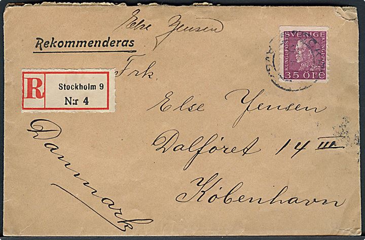 35 öre Gustaf på anbefalet brev fra Stockholm x.3.1931 til København, Danmark. Sendt fra cirkusartisten Marcel Rivel, Cirkus Schumann i Stockholm. Urent åbnet.